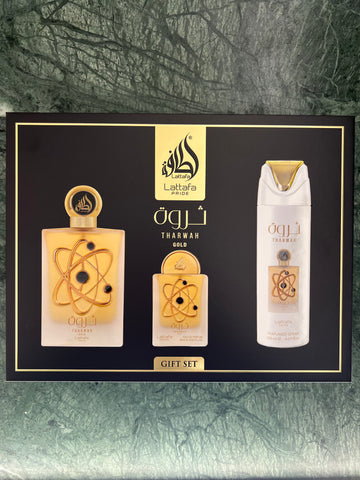 SET REGALO: Lattafa Pride Tharwah Gold : EDP 100ml da Donna + EDP 20ml + Body Spray 200ml + Boccetta da viaggio