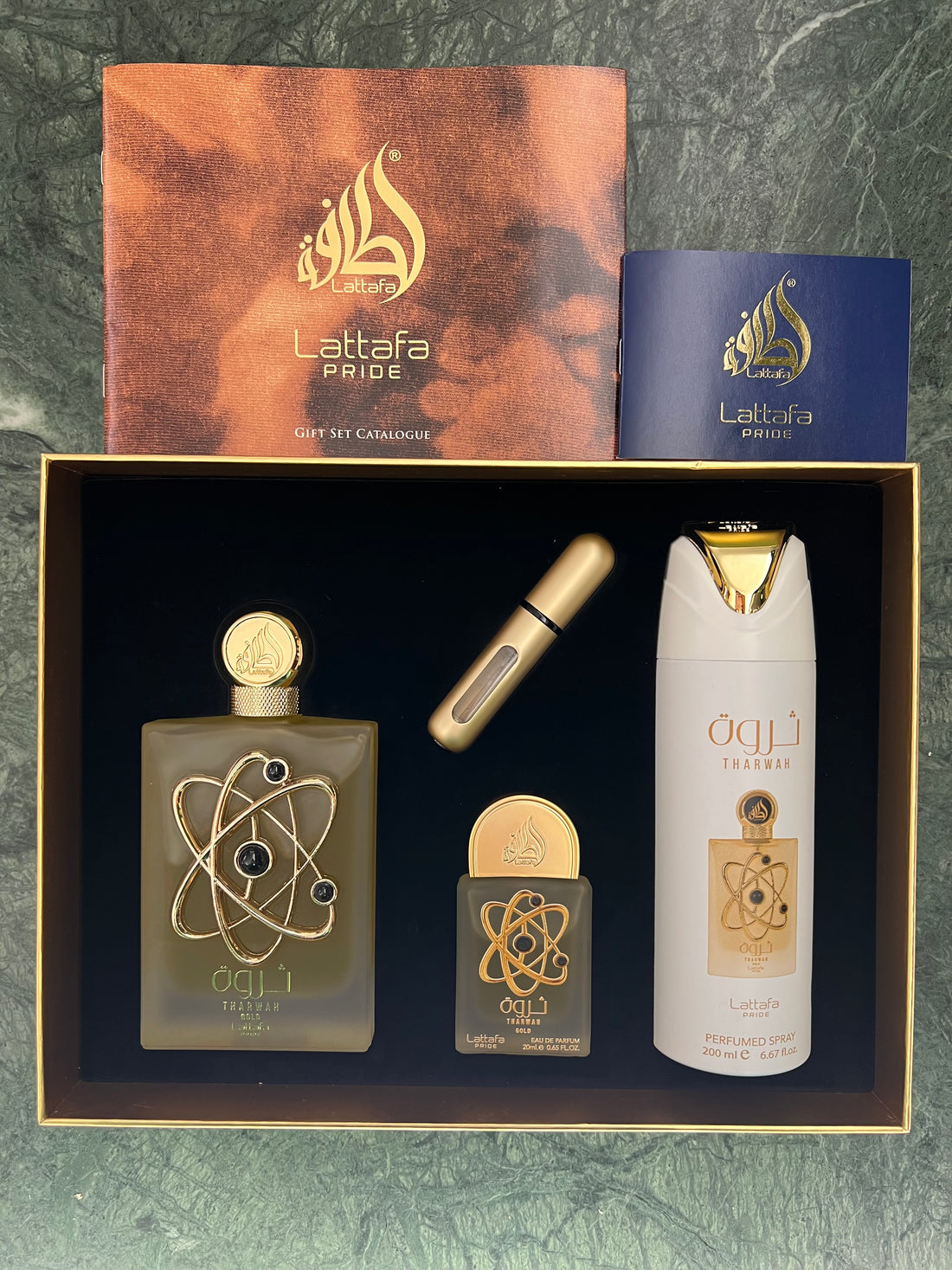 SET REGALO: Lattafa Pride Tharwah Gold : EDP 100ml da Donna + EDP 20ml + Body Spray 200ml + Boccetta da viaggio